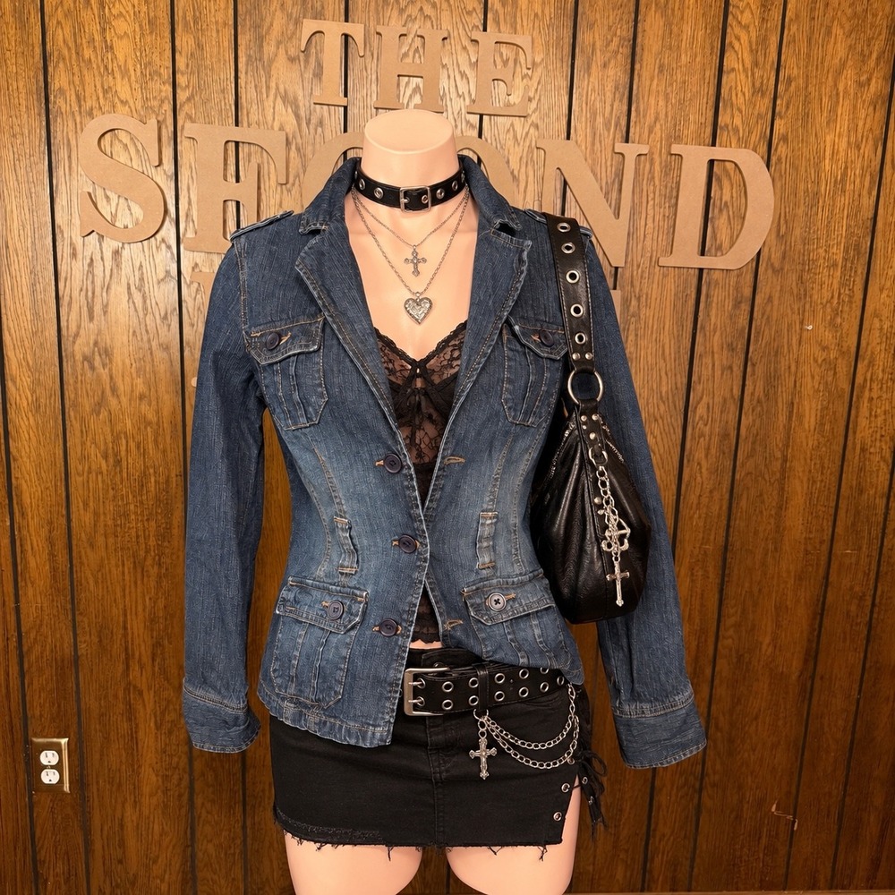 Y2K Dark Wash Denim Utility Jacket French Cuff Wmn S Indie Sleaze Downtown Girl